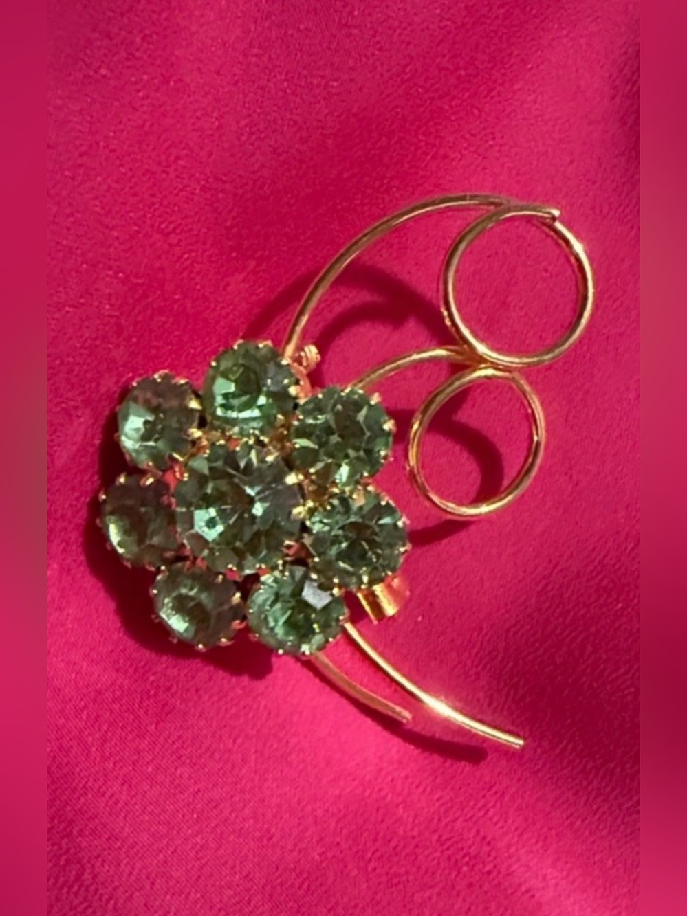 Gold Floral Cluster Brooch with Light Green Faceted Rhinestones.